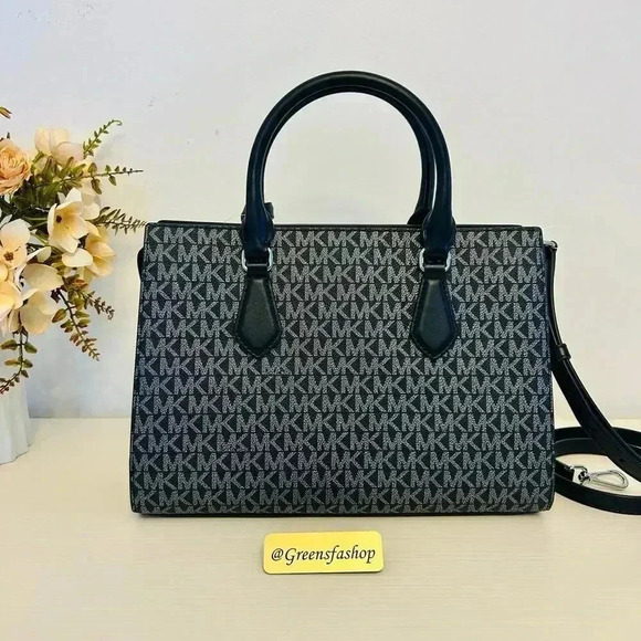 Michael Kors Purse Medium Sheila Signature Logo and Metallic Satchel Black - Picture 6 of 11